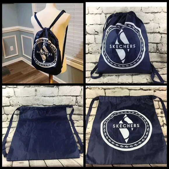 Skechers Drawstring Backpack Navy Blue Gym Bag Reusable Tote 20”X17” - Picture 1 of 13